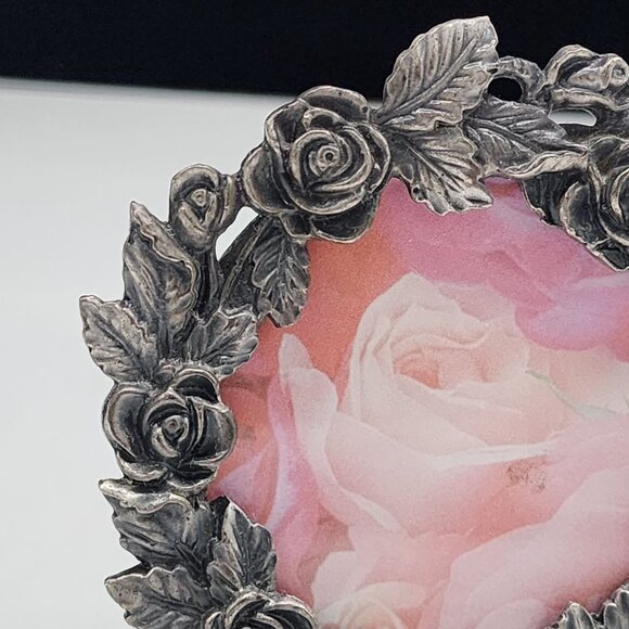 Vintage Pewter Picture Frame Round Rose Design Decorative Tabletop Display - Picture 2 of 11